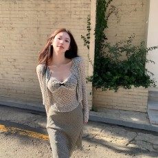 批发韩银植绒波点爱心长袖开衫女夏蕾丝拼接吊带背心显瘦两件<b class='q'>套装</b>