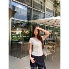 批发V领纯欲短袖t恤女蕾丝绑带正肩<b class='q'>修身</b>显瘦上衣