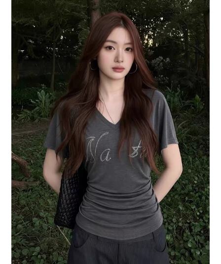 사람들 면 아메리칸 핫픽스 알파벳 V넥 반팔 여성 티셔츠 여름 허리 수축 슬림해 보이는 몸매 가꾸기 고유 한 꼬집기 허리 작은 맨위