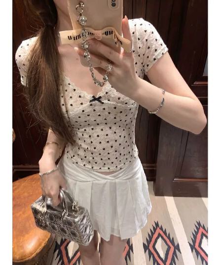 한 은 식물 플러시 순수한 욕망 바람 도트 무늬 레이스 레이스 반팔 티셔츠 여성 여름 나비 매듭 몸매 가꾸기 다용도 맨위