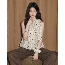 批发法式波点挂脖吊带背心女2026夏新款蝴蝶结系带露肩外穿无袖短上衣
