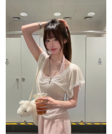 사람들 면 한 부서 행침 목 캐미솔 스택 착용 Tulle 블라우스 맨위 두 조각 여성 세트 여름