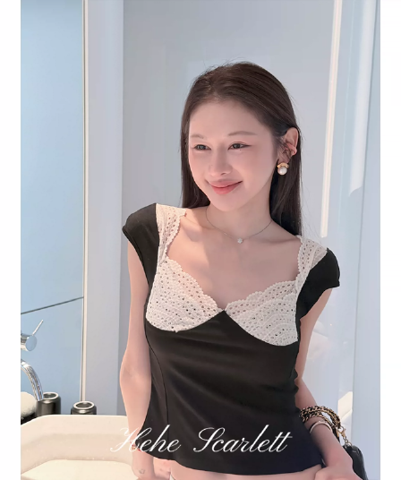 너 ~ 중 헤헤 scarlett 여름 순수한 욕망 바람 광장 칼라 몸매 가꾸기 슬림해 보이는 반팔 티셔츠 여성
