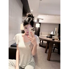 批发Laareetoo 天丝棉麻二色条纹<b class='q'>V领</b>短袖T恤女夏季上衣百搭显瘦体恤