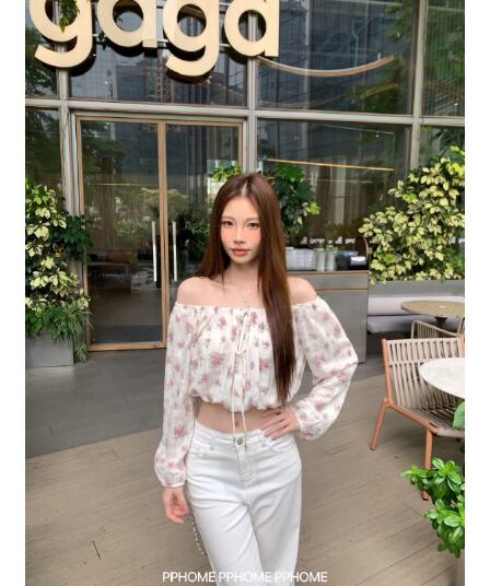 현대 그리드 프린트 이슬 정원 오프숄더 펌프 로프 꽃무늬 긴팔 작은 셔츠 여성 품격 슬림해 보이는 맨위