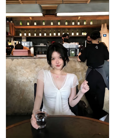 사람들 면 한 부서 달콤한 매운맛 바람 화이트 레이스 조각 V넥 스트랩 반팔 티셔츠 여성 여름 다용도 반팔