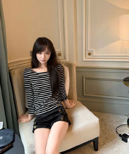 제직 기사 한 부서 스트라이프 작은 스피커 중간 소매 보트 칼라 티셔츠 여성 오래된 돈 바람 품격 맨위