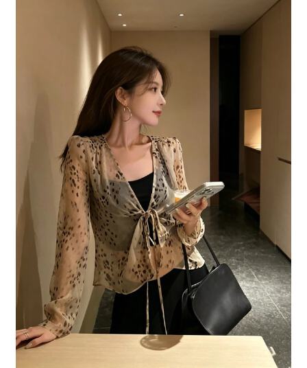 있음 가슴 패드 레오파드 무늬 V넥 긴팔 쉬폰 블라우스 나만의 것을 가져와 라. 가슴 패드 캐미솔 투피스 슈트 맨위