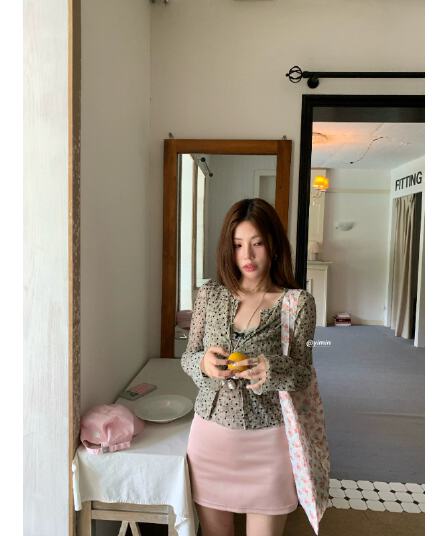 한 은 식물 플러시 하트 도트 무늬 망사 V넥 몸매 가꾸기 캐미솔 여성 짧은 긴팔 재킷 세트