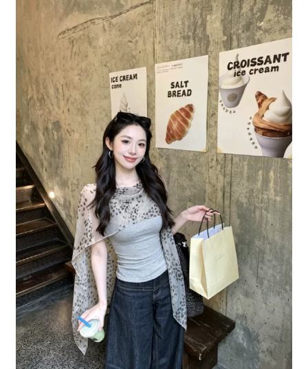 양모 면 레오파드 무늬 흔들다 칼라 쉬폰 숄 민소매 티셔츠 여성 여름 허리 수축 슬림해 보이는 페이크 레이어드 쇼트 스타일 맨위