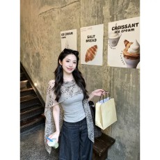批发羊绒棉豹纹荡领雪纺披肩<b class='q'>无袖</b>T恤女夏收腰显瘦假两件短款上衣