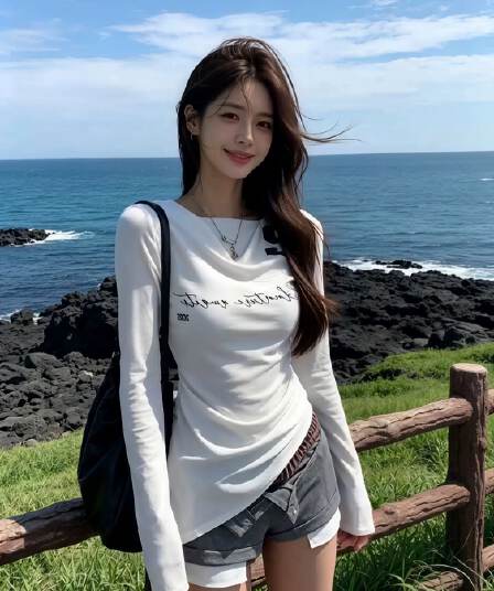 사람들 면 화이트 보트넥 긴팔 티셔츠 이른 가을 핫걸 프린트 맨위