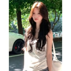 人棉美式拼接杏色吊带背心女夏季修身显瘦打底吊带叠穿两件套