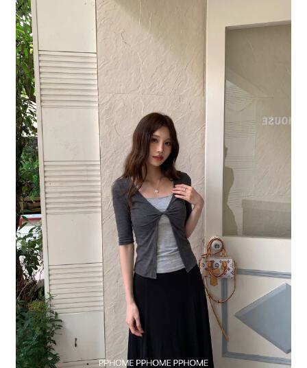 사람들 면 종이 tee 비틀림 디자인 페이크 레이어드 중간 소매 티셔츠 여성 가을 몸매 가꾸기 슬림해 보이는 다용도 맨위