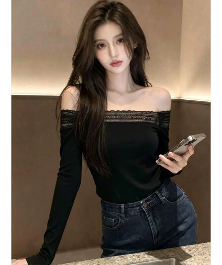 품격 아름다운 레이스 조각 오프숄더 검정색 긴팔 티셔츠 이른 가을 여성 인사이드 가져 가라. 기본 셔츠 꼬집기 허리 위로 의류