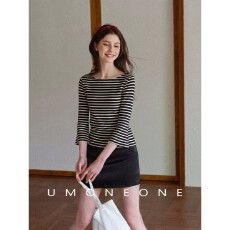 批发面料色织条条纹七分袖上衣女夏季修身显瘦船领设计感T恤