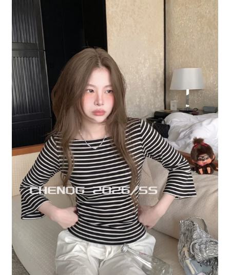 제직 기사 스트라이프 작은 스피커 중간 소매 보트 칼라 티셔츠 느긋한 바람 몸매 가꾸기 슬림해 보이는 맨위 여성