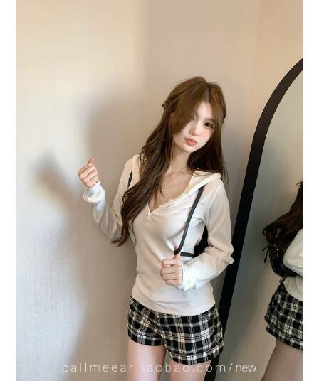 callmeear 후드 긴 소매 티셔츠 기초 다용도 긴팔 티셔츠 여성 이른 가을 캐주얼 맨위