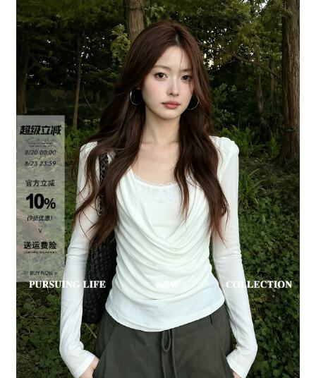 한 부서 화이트 흔들다 칼라 긴팔 티셔츠 여성 가을 디자인 센스 레이스 조각 작은 셔츠 품격 몸매 가꾸기 슬림해 보이는 맨위