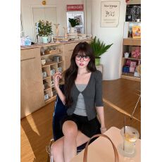 批发人棉撞色正肩<b class='q'>中袖</b>女t恤夏秋修身显瘦短款韩系休闲假两件上衣