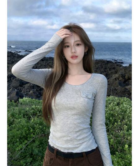 사람들 면 u 칼라 맨위 새로운 기본 셔츠 외출용 여성 아름다운 옷 착용 가져 가라. 2026 가을 긴팔 티셔츠