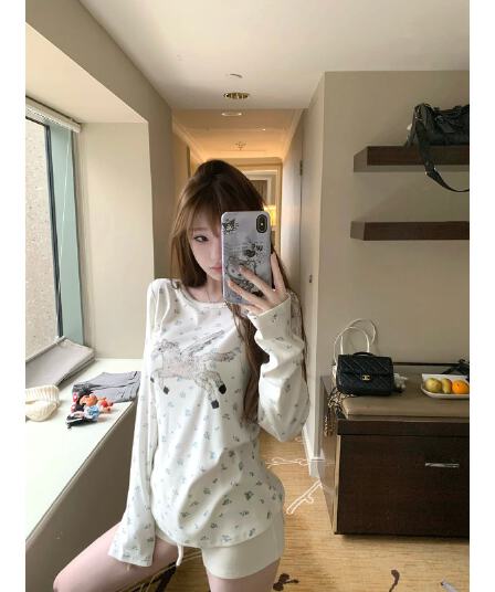 사람들 면 캡처 꿈 유니콘 전체 인쇄 작은 꽃무늬 구덩이 기사 질감 센스 캐주얼 라운드 넥 긴팔 티셔츠