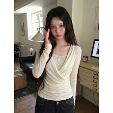 批发小羊家 清栀晚酒*荡领蕾丝拼接小衫软糯亲肤假两件上衣女