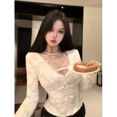 批发纯欲风蝴蝶结v领长袖T恤女冬季黑色蕾丝衫<b class='q'>修身</b>收腰内搭打底衫上衣