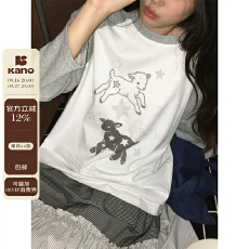 批发人棉拼色插肩圆领长袖T恤女早秋<b class='q'>日系</b>小众小羊印花内搭上衣