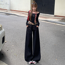 批发设计感高腰<b class='q'>钉珠</b>丹宁阔腿<b class='q'>牛仔裤</b>女2026春季新款宽松显瘦垂感拖地裤