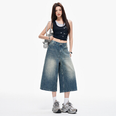 绣标复古蓝高腰阔腿七分牛仔裤女2026夏季新款宽松显瘦直筒中裤子