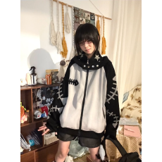 批发日系亚萌撞色拼接立领可拆卸帽<b class='q'>卫衣</b>外套秋冬季慵懒风宽松拉链<b class='q'>开衫</b>