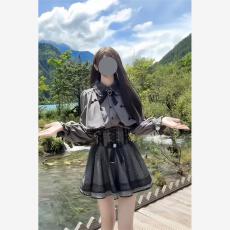 批发日系小众亚文化蝴蝶结长袖衬衫上衣新款高腰显瘦减龄半身裙两件套