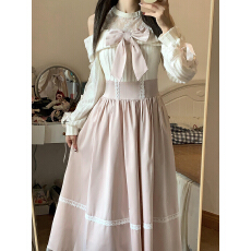 批发温柔风露肩<b class='q'>连衣裙</b>女秋季浅粉色甜美蝴蝶结系带蕾丝收腰可爱长裙潮