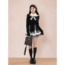 批发虚拟冬季暗黑少女蝴蝶结<b class='q'>千鸟格</b>半裙露肩针织上衣亚文化两件<b class='q'>套装</b>