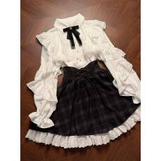 批发日系清楚系蕾丝花边优雅长袖衬衫女秋冬2026新款高腰格纹半裙套装