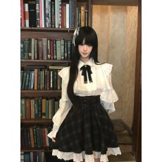 批发日系清楚系蕾丝花边优雅长袖衬衫女秋冬2026新款高腰格纹半裙套装