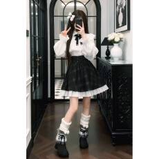 批发日系清楚系蕾丝花边优雅长袖衬衫女秋冬2026新款高腰格纹半裙套装