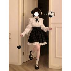 批发日系清楚系蕾丝花边优雅长袖衬衫女秋冬2026新款高腰格纹半裙套装