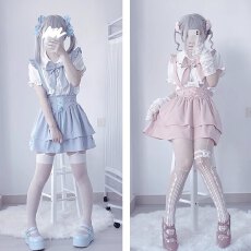 批发水色系统蕾服天使界隈量产型女士蕾丝短袖衬衫+<b class='q'>吊带</b>半身裙套装