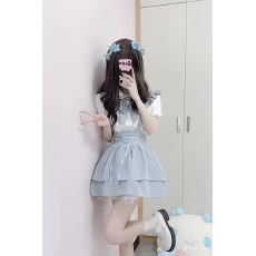 批发水色系统蕾服天使界隈量产型女士蕾丝短袖衬衫+<b class='q'>吊带</b>半身裙套装