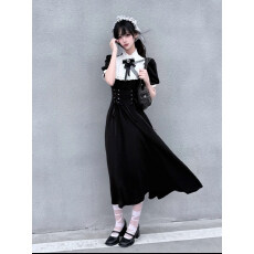 批发哥特蕾服量产型黑色收腰连衣裙设计感小众亚文化裙子日系复古长裙