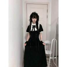批发哥特蕾服量产型黑色收腰连衣裙设计感小众亚文化裙子日系复古长裙