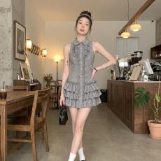 批发夏季灰色辣妹古着格纹挂脖连衣裙女早春收腰短裙显瘦漂亮<b class='q'>蓬蓬裙</b>