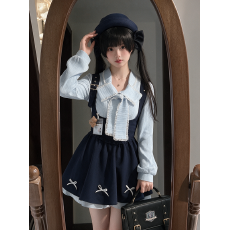 批发学院风JK制服套装甜美可爱蝴蝶结蓝色衬衫上衣女背带连衣裙两件套