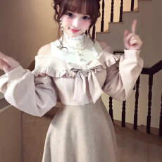 批发清楚系温柔风假两件连衣裙女秋季新款甜美气质露肩收腰显瘦长裙子