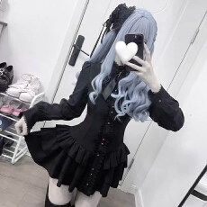 批发哥特风夜谒修身黑色花边衬衫连衣裙<b class='q'>春</b>秋新款女复古气质收腰小黑裙