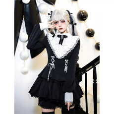 批发哥特风Lolita蕾丝蝴蝶结套<b class='q'>装</b>女收腰显瘦黑色<b class='q'>连衣</b>裙短裤两件套秋季