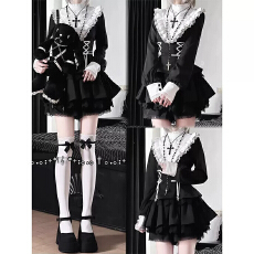 批发哥特风Lolita蕾丝蝴蝶结套<b class='q'>装</b>女收腰显瘦黑色<b class='q'>连衣</b>裙短裤两件套秋季