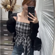 批发GeNaQi复古纯欲风气质两件套女秋季百搭格子吊带上衣针织开衫套装